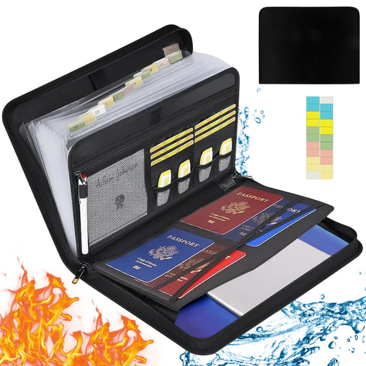 A4 document folder, Fireproof document box, Waterproof document bag with 13 compartments and multiple pockets for office, home, school. Zippered document pouch for papers and valuables.