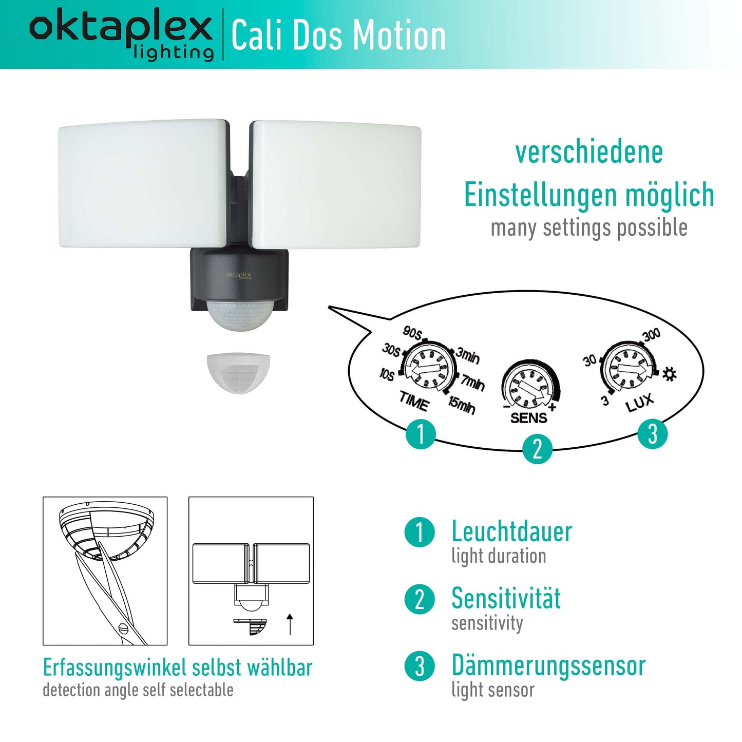 Oktaplex lighting LED spotlight with motion sensor for outdoor use Cali Dos Motion - IP65 Two heads 40W 3000K Warm White - outdoor spotlight in anthracite with master function