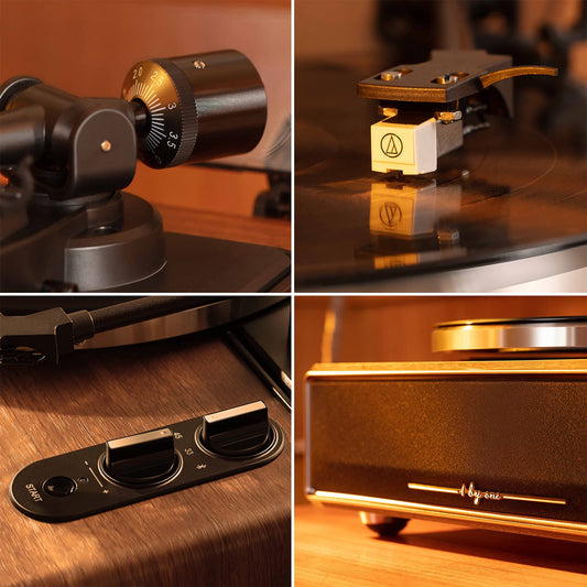 1 by ONE turntable with built-in speakers, Bluetooth, 33/45 RPM belt drive, MM vinyl record player with auto-stop function, phono preamplifier