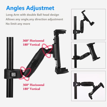 Treadmill tablet iPad holder, bike handlebar mount clamp for stationary bike, elliptical, spin bike, Peloton, stroller for 4-13 inch devices, iPad Pro 12.9, Air, Mini, Galaxy Tabs, iPhone