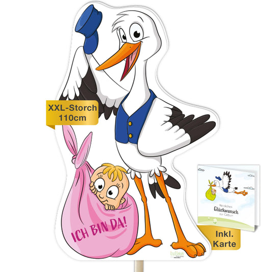 Stork birth announcement for outside I girl baby I XL 110 cm I stork for staking I weatherproof for outside I baby stork birth gift decor I set with card
