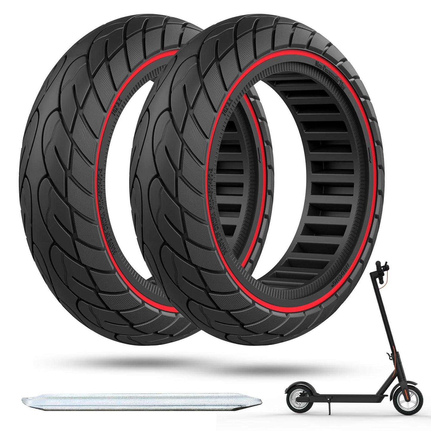 OUXI 10x2.5 Inch Replacement Solid Rubber Tires 60/70-6.5 for Ninebot G30 Max/G30D with Installation Tool for Electric Scooter Solid rubber tires, 10x2.5 replacement wheels, heavy-duty scooter tires (Red Line 2 Pack)
