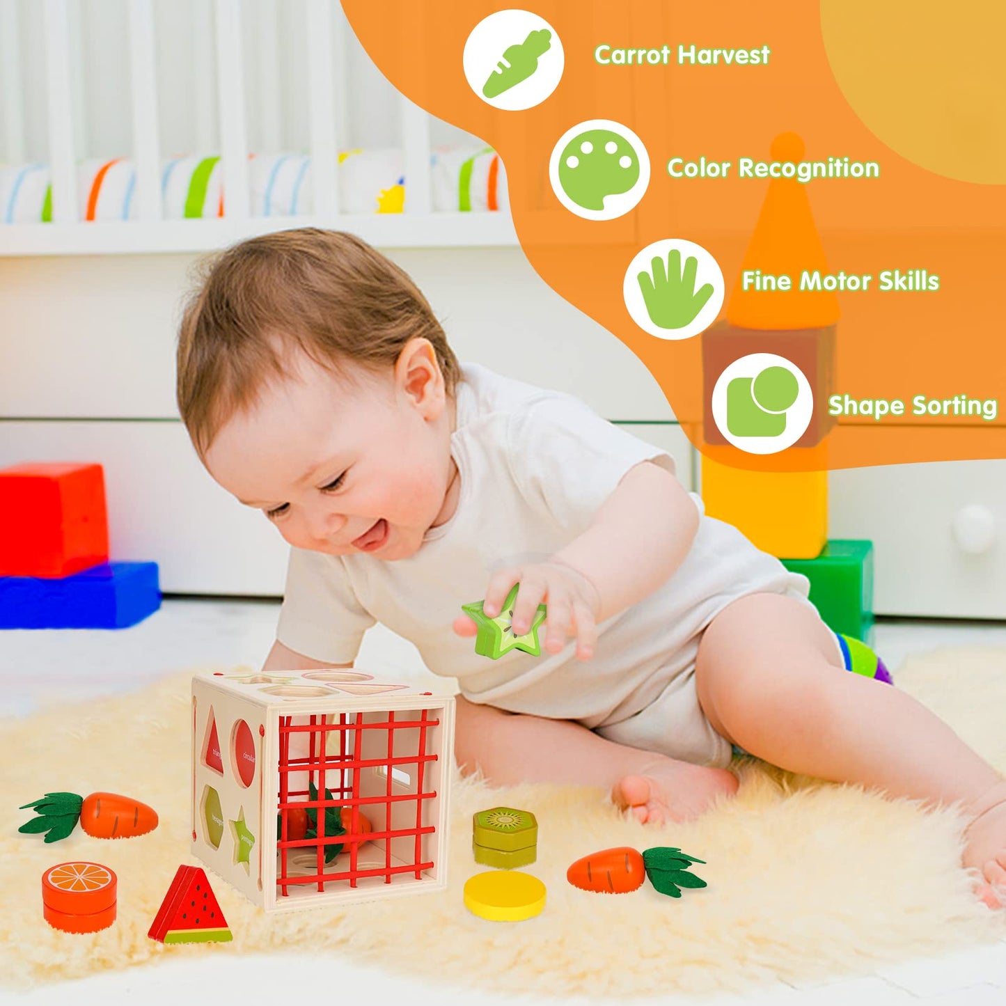 Joyreal 5 In 1 Montessori Toy for 1 2 3 Year Old - Wooden Toy for 1 2 Year Old, Baby Toy, Children's Toy for Girls Boys Sorting Game Carrot Harvest Gifts for Kids