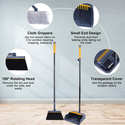 JEHONN Broom and Dustpan Set with Long Handle, 180 Degree Rotatable Sweeper and Dustpan Combo for Home, Office, Lobby Cleaning