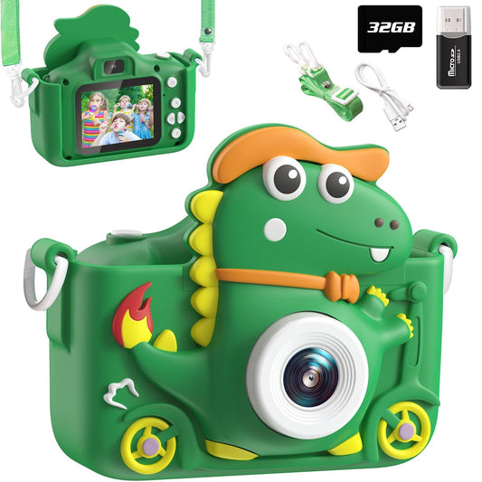 Kids Camera Dinosaur, Kids Camera 2" Display 1080P, Selfie Digital Camera for Kids with 32GB, Photo Camera for 3 4 5 6 7 8 9 10 11 12 Year Old Boys and Girls Gifts Toys (Green)