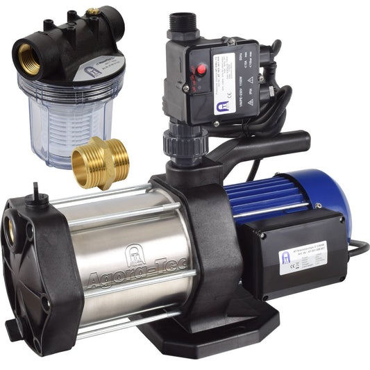 Agora-Tec® home water system 5-1300 10DW-1L, 5-stage centrifugal pump with max: 5.6 bar and max: 5400l/h, includes pressure switch with dry run protection and pre-filter.