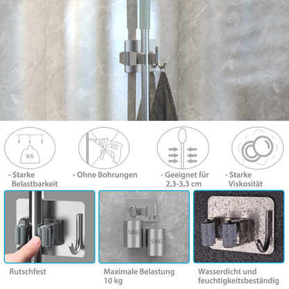 Homeasy Wall Mount Broom Holder 4 Pack Self Adhesive Stainless Steel No Drilling Mop Holder Tool Organizer with Hooks for Kitchen Bathroom Garden Balcony (Silver)