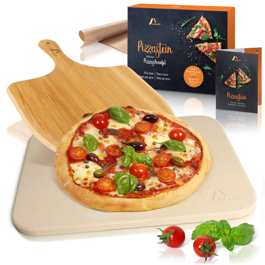 Amazy pizza stone including bamboo pizza peel, parchment paper, and insert - The ultra heat-resistant bread baking stone gives your pizza the original Italian flavor of crispy stone oven pizza.