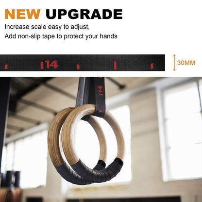 5BILLION Wooden Gymnastic Rings for Fitness Training with High-Strength Nylon Straps, Metal Quick Lock Buckles, Adjustable - 32mm