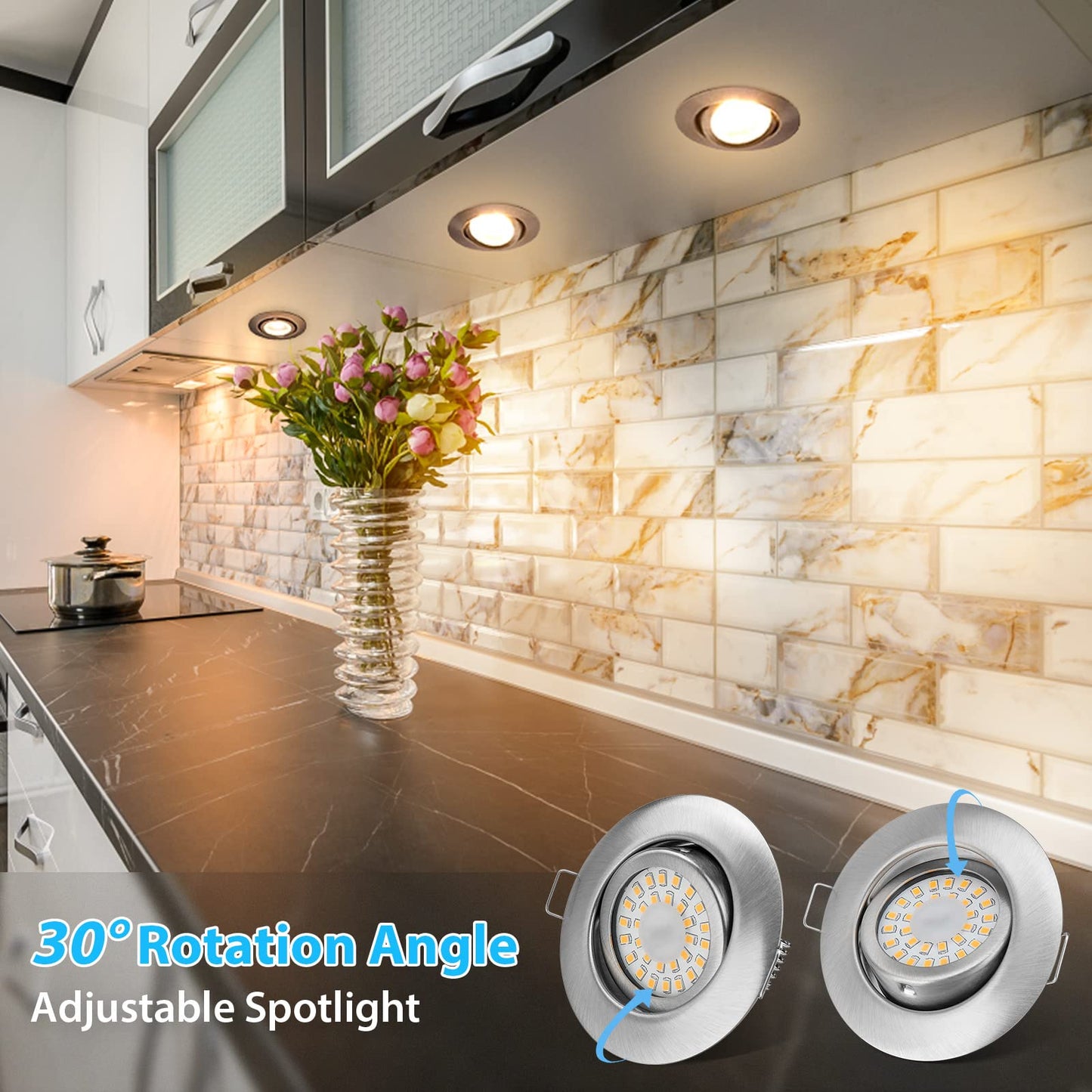 LED recessed spotlights 230V Flat Dimmable, 3-stage spots, 6W IP44 Bathroom recessed ceiling lights Ceiling spots, Warm White 3000K Swivel Recessed spotlights for bathroom kitchen living room, 6-piece set