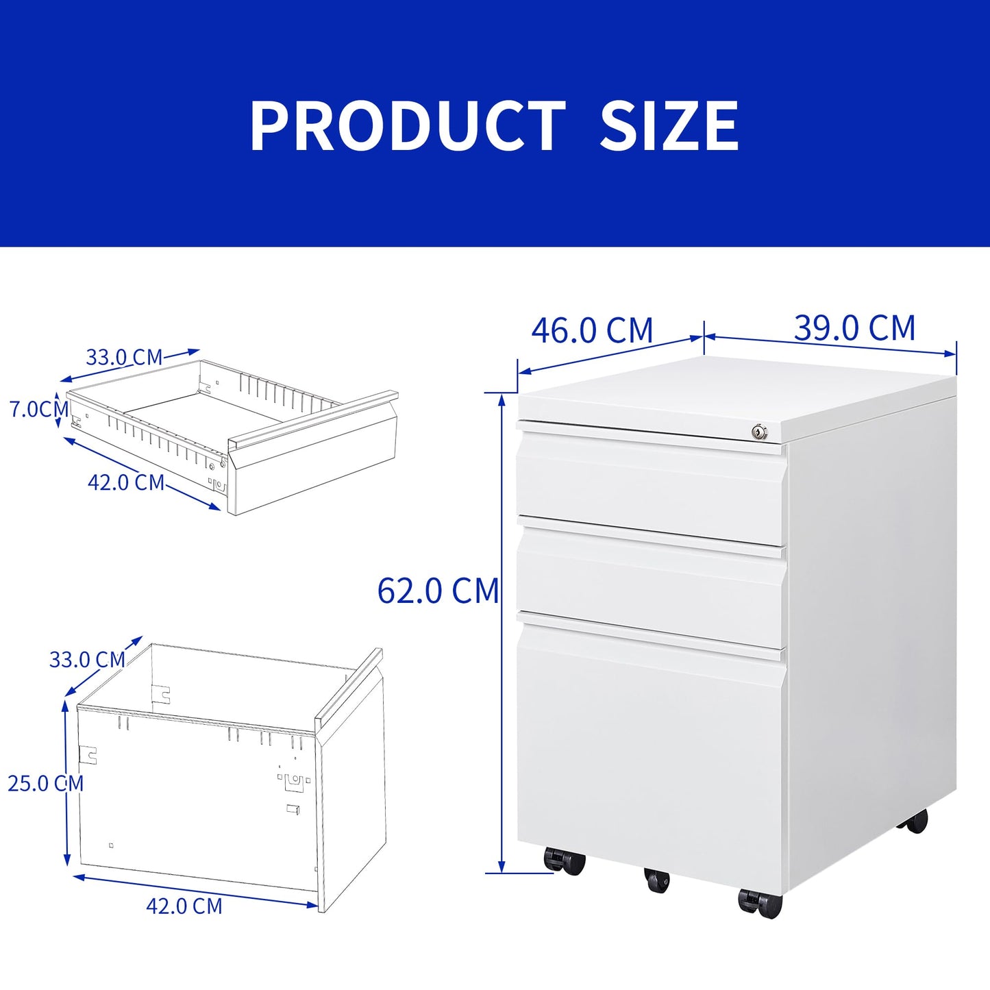 LVSTEEL rolling file cabinet, fully assembled with lock, under desk metal cabinet for home office, mobile printer stand for A4/files.