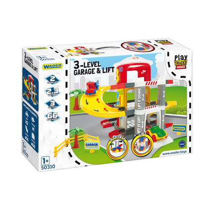 Multi-level parking garage on 3 levels with 2 high-quality vehicles, suitable for ages 12 months and up.