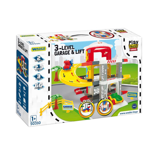 Multi-level parking garage on 3 levels with 2 high-quality vehicles, suitable for ages 12 months and up.
