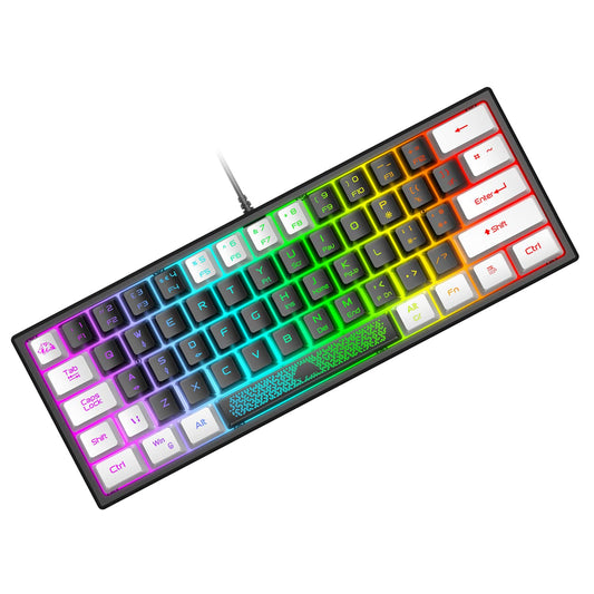 Mini 60% gaming keyboard, membrane game keyboard with semi-mechanical keys, optical RGB chroma backlit compact 62 keys double color keycap, QWERTY layout for PC laptop Mac computer - Black & White.
