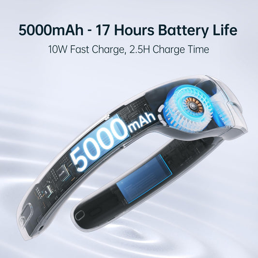 JISULIFE Portable Neck Fan Pro with 100 speeds, bladeless design, portable fan, stepless button, LED display, rechargeable personal 5000mAh in blue.