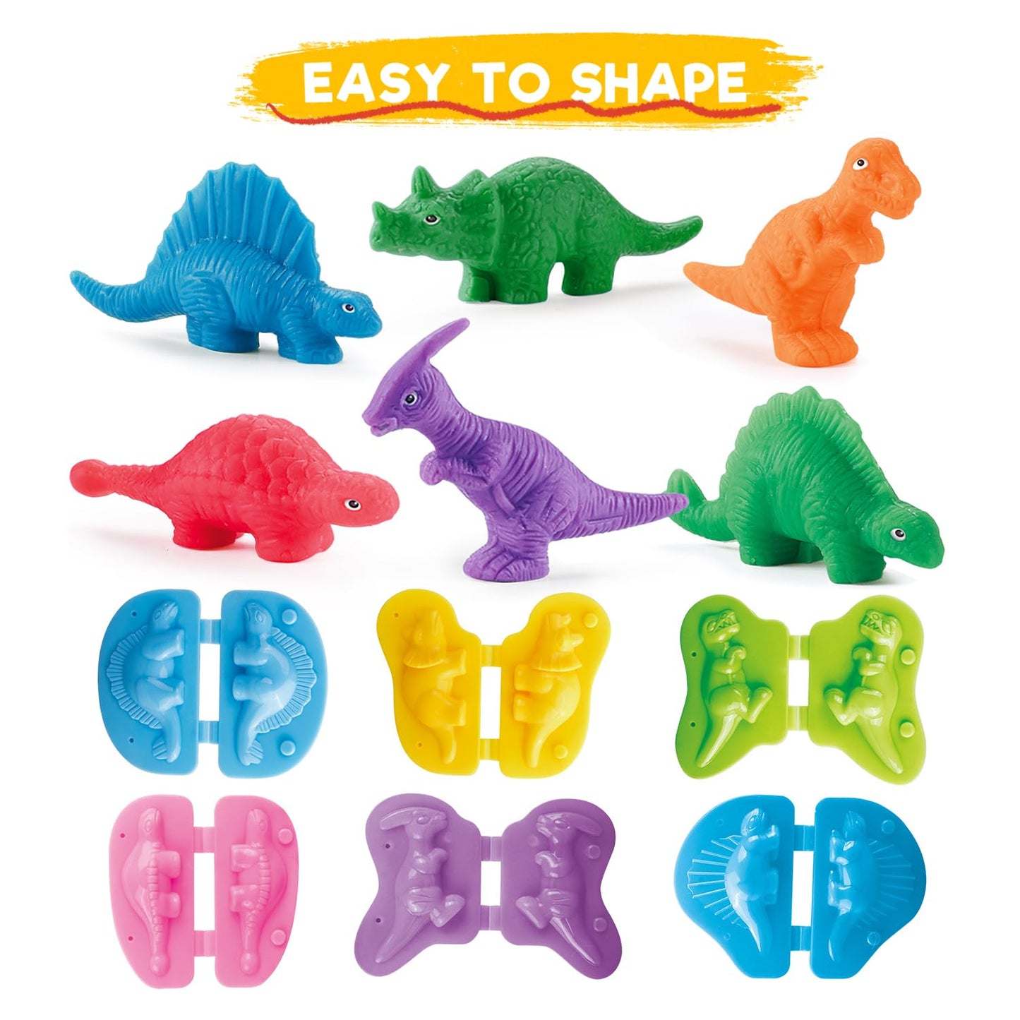 Dinosaur clay set for kids, 37 pieces, Dino clay tools and shapes accessories with volcano and fossils for boys and girls.