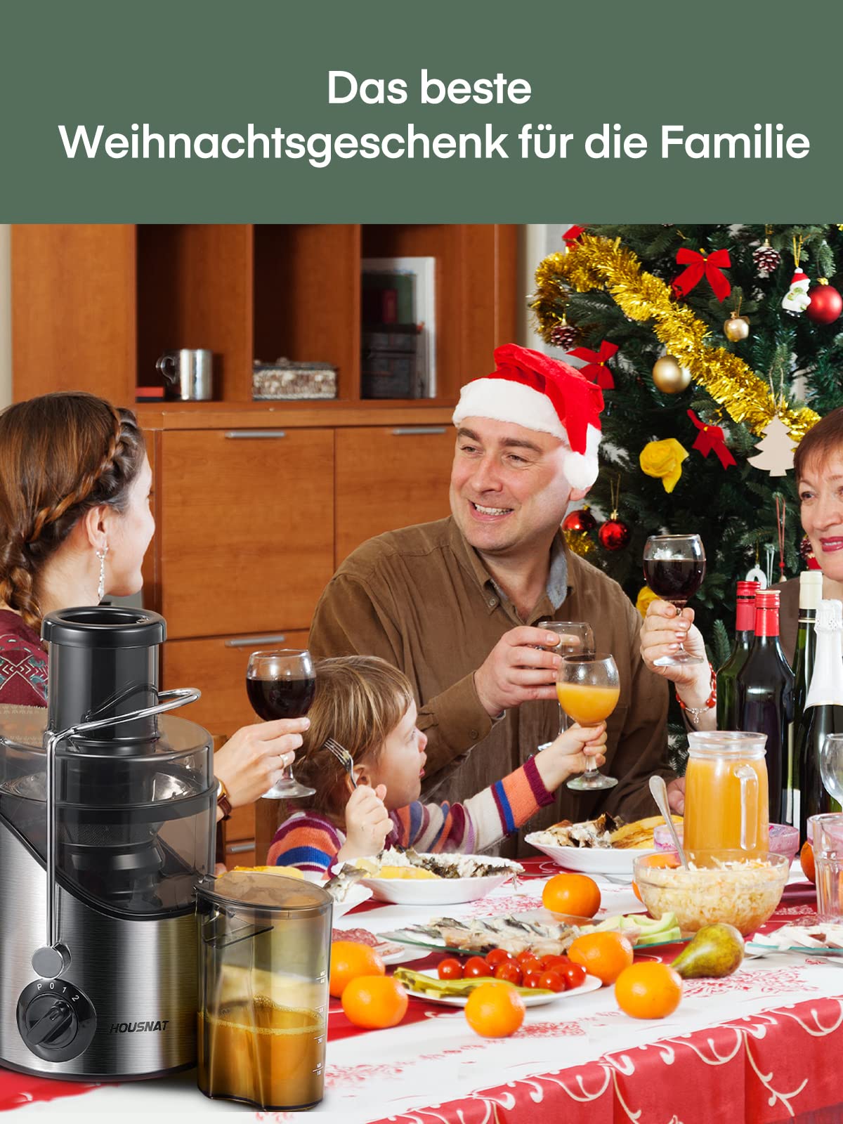 HOUSNAT Vegetable and Fruit Juicer, Max 800W Juicer Machine made of stainless steel with 3 speed levels, 65mm large mouth feed chute centrifugal juicer, easy to clean, BPA-free, 400W.