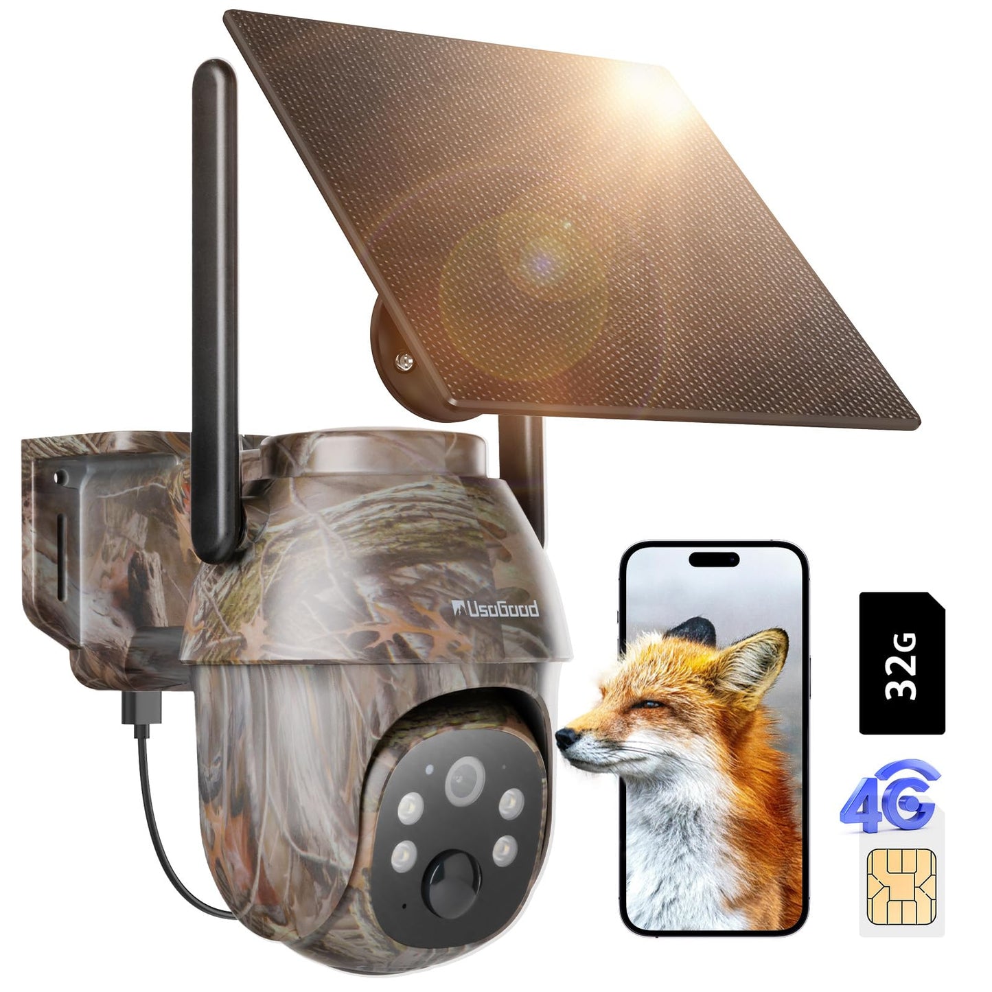 usogood 4G LTE Solar Wild Camera, 360° 2K Wildlife Camera with unlimited data plan, SIM card 32GB memory card, phone transfer app, IP66 waterproof.