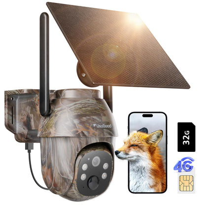 usogood 4G LTE Solar Wild Camera, 360° 2K Wildlife Camera with unlimited data plan, SIM card 32GB memory card, phone transfer app, IP66 waterproof.