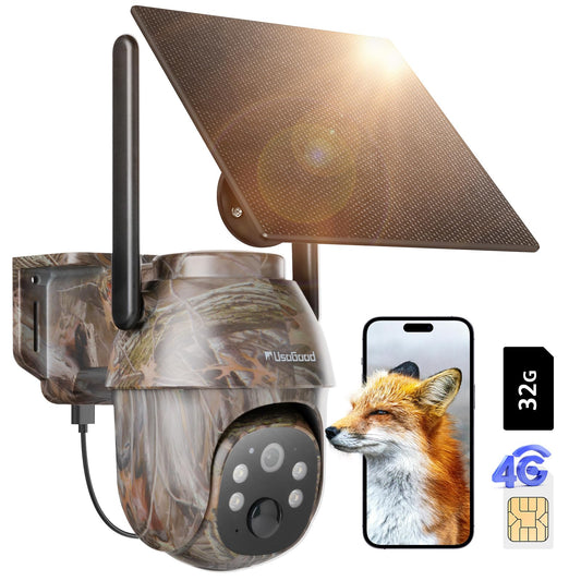 usogood 4G LTE Solar Wild Camera, 360° 2K Wildlife Camera with unlimited data plan, SIM card 32GB memory card, phone transfer app, IP66 waterproof.