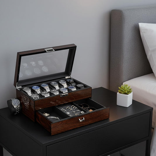 BEWISHOME 12 Watch Box with Tray Drawer, Luxury Men's Watch Case, Watch Storage with Genuine Glass Lid, Metal Hinge, Watch Storage Box, Watch Box, Brown, ESSH02Y