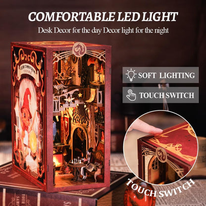 CUTEBEE Book Nook Kit with dust cover - DIY dollhouse miniature house kit with LED light, Booknook house model kits for adults to build (Flame Common Room)