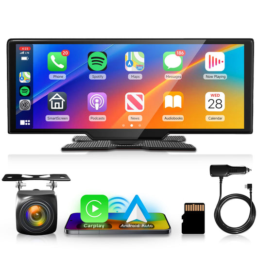 Wireless Apple Carplay Android Auto Portable Car Radio with Rearview Camera 64G TF Card, 10.26-inch Touchscreen Portable Car Radio with Airplay/Android Cast/Dual Bluetooth/FM Transmitter/Voice Control/AUX.