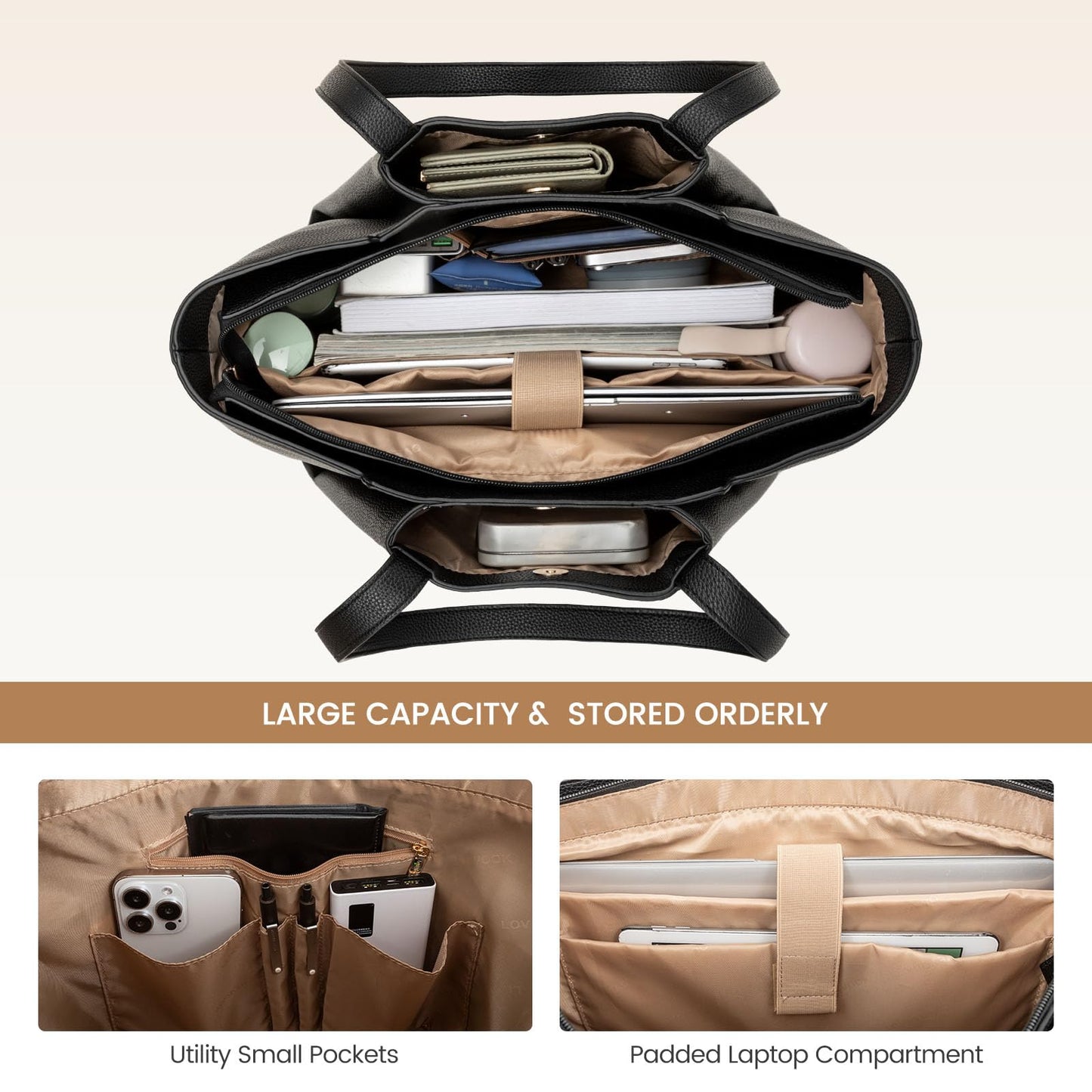 LOVEVOOK handbag for women with 15.6 inch laptop compartment, leather shopper tote bag with waterproof shoulder strap. Perfect for business, office, or school use.