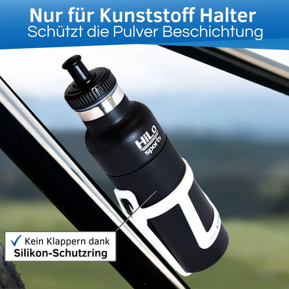 HiLo Sports 600ml insulated stainless steel bike bottle - Fits plastic bottle cages - [Powder coated stainless steel] - Bike water bottle with 2 lids - Thermal cycling bottle