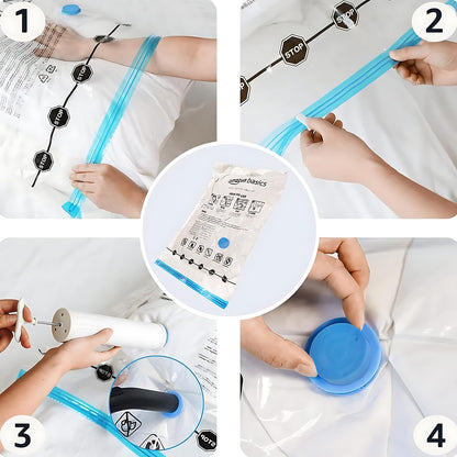 Amazon Basics Vacuum Bags for Clothes with Airtight Valve and Hand Pump - 2 x X-Jumbo, 5 x Jumbo, 4 x Large, 4 x Medium, 15-Pack, 15 pieces, 1-Pack, Zipper, Transparent