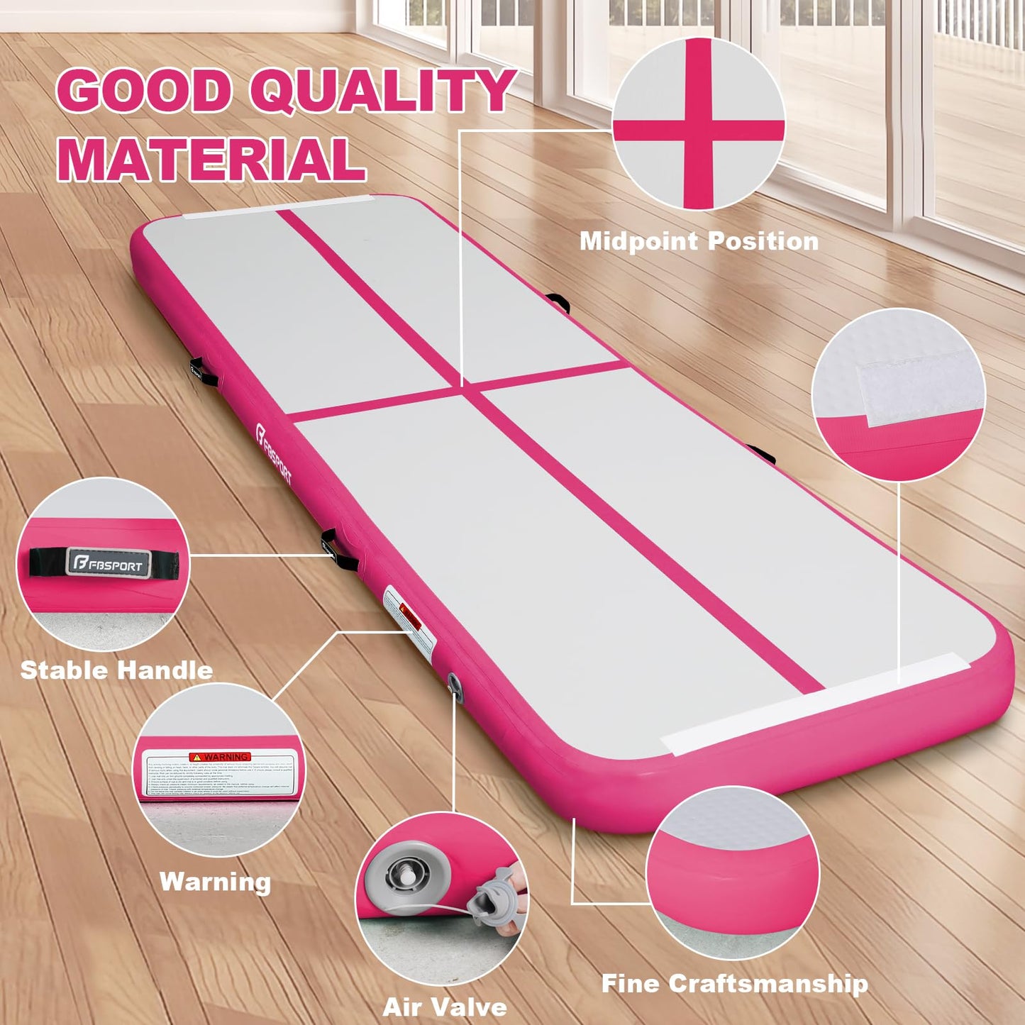 FBSPORT Airtrack mat, 10cm thick 5M tumbling mat, gymnastics mat with air pump, training mat with carrying bag, gymnastics mat for home, outdoor, yoga.