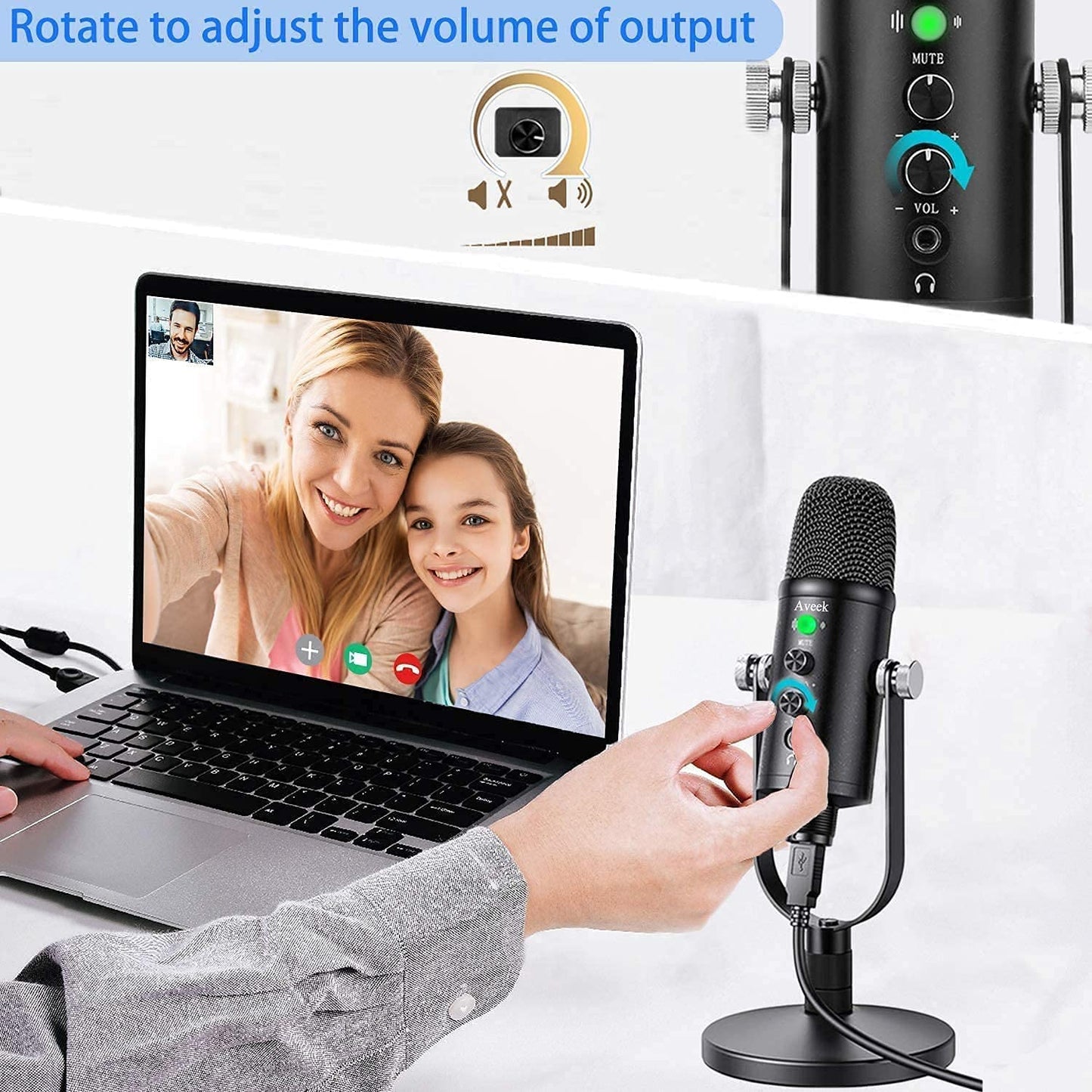 Aveek USB microphone for PC and phone, condenser mic with stable stand and noise reduction for computer laptop for podcast, studio, streaming, broadcast, YouTube.