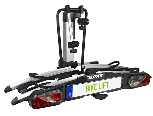 EUFAB 11535 Bike Carrier BIKE LIFT, suitable for E-Bikes, fully pre-assembled, electric lowering function, anti-theft protection, for 2 bikes, for towbar, 135x74x74cm