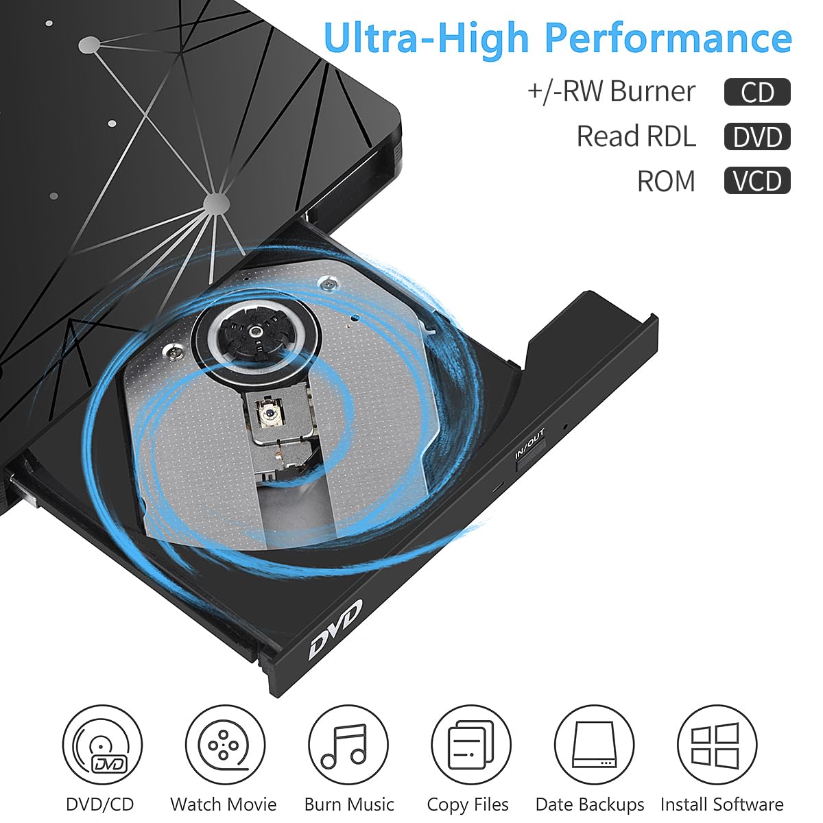 External USB 3.0 DVD Drive for Laptop PC Computer, Portable External DVD Drive CD-ROM Burner with low noise for Windows 11/10/7/8/XP Mac MacBook.