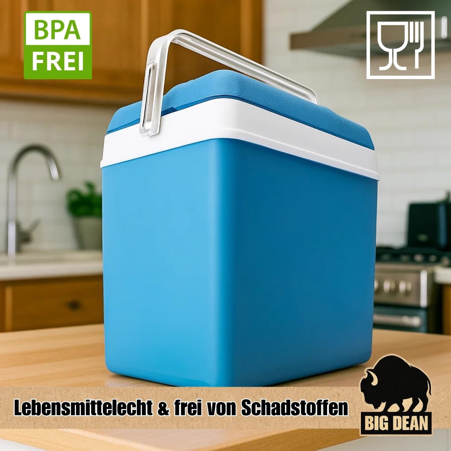 Cooler box including 12 cooling packs. 24-liter cooler box with battery for up to 11 hours of cooling.