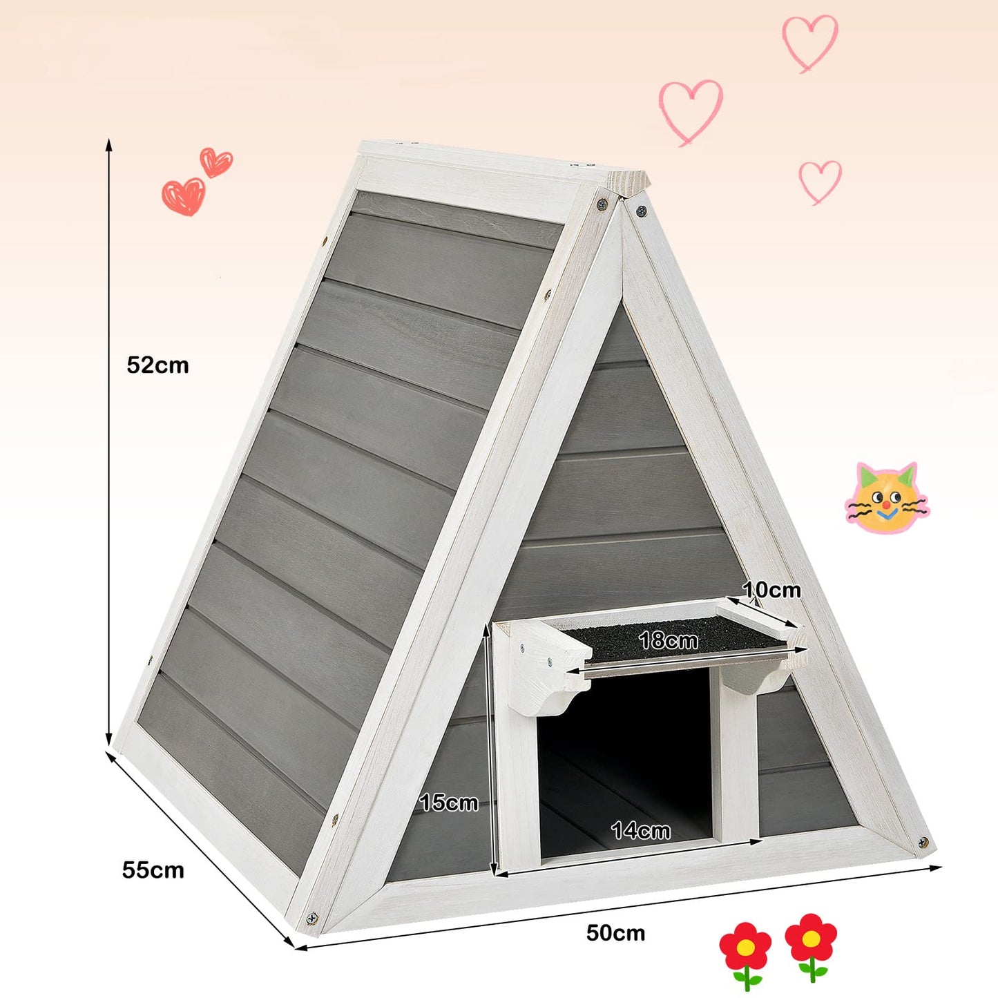 GYMAX 50 x 55 x 52 cm cat house with asphalt roof & door, weatherproof wooden cat cave, suitable for cats up to 20 kg, for indoor & outdoor use.