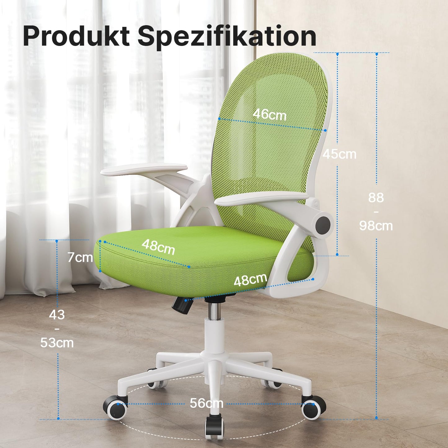 Naspaluro office chair, ergonomic desk chair with breathable mesh backrest, foldable armrests, adjustable height, computer chair, lightweight chair, 360° swivel chair, green.