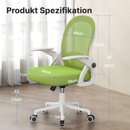 Naspaluro office chair, ergonomic desk chair with breathable mesh backrest, foldable armrests, adjustable height, computer chair, lightweight chair, 360° swivel chair, green.