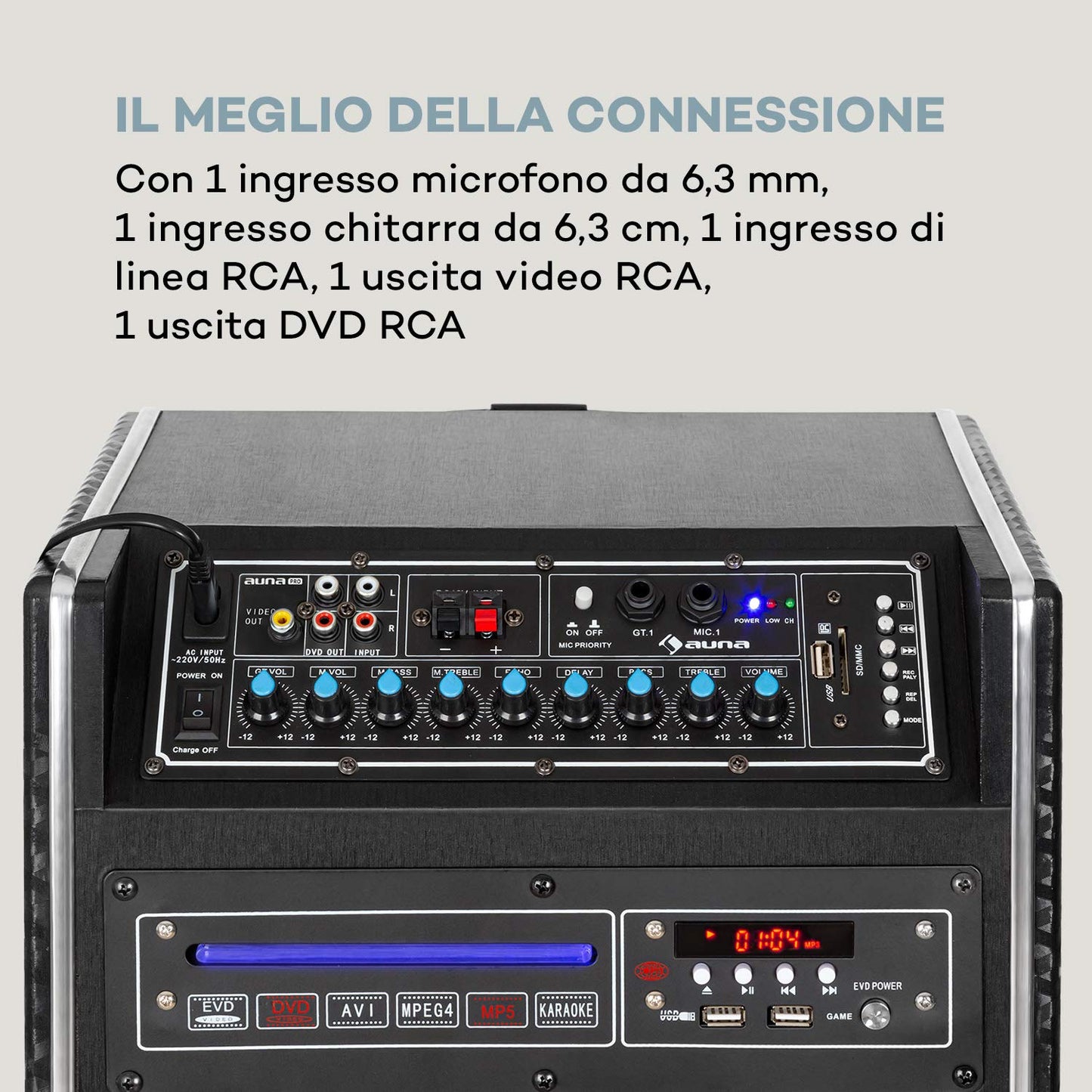 auna Pro DisGo Box DVD - Mobile PA system with built-in DVD player, 300 W max., 2 x 10 (25.5 cm) subwoofers, Bluetooth, USB, SD slot, wireless UHF microphone, battery, remote control, black.