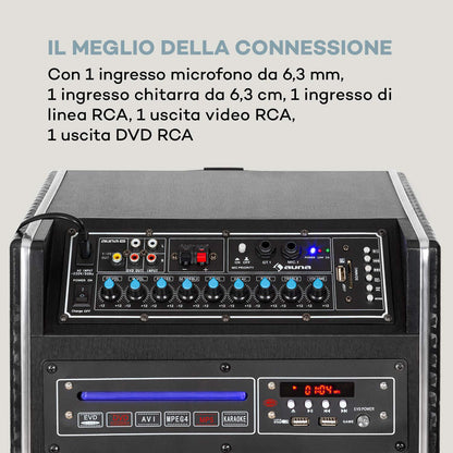 auna Pro DisGo Box DVD - Mobile PA system with built-in DVD player, 300 W max., 2 x 10 (25.5 cm) subwoofers, Bluetooth, USB, SD slot, wireless UHF microphone, battery, remote control, black.