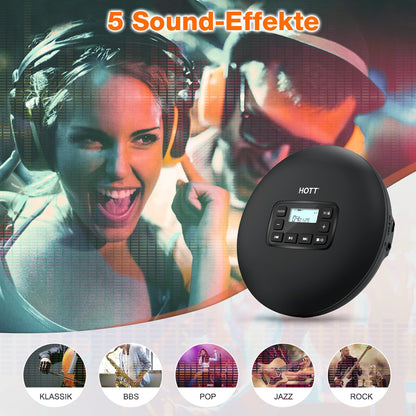 HOTT CD204 Portable CD Player, Walkman Compact Player, portable CD player, MP3 player, with anti-shock headphones, for audiobooks, music, checkers for kids and adults (black)