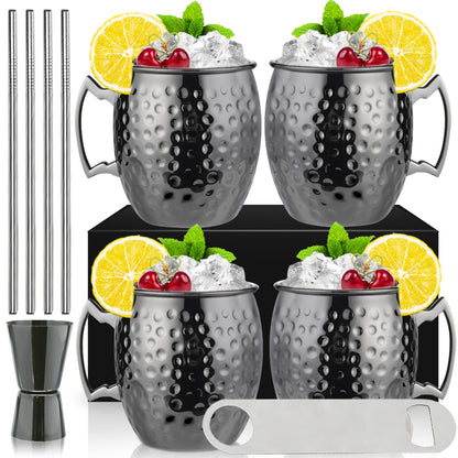 Set of 4 black Moscow Mule cups, 530ml, gunmetal black plated stainless steel, double jigger, chilled drinks, cocktail cups, drinkware with gift box.