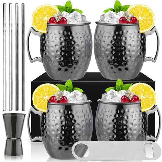 Set of 4 black Moscow Mule cups, 530ml, gunmetal black plated stainless steel, double jigger, chilled drinks, cocktail cups, drinkware with gift box.