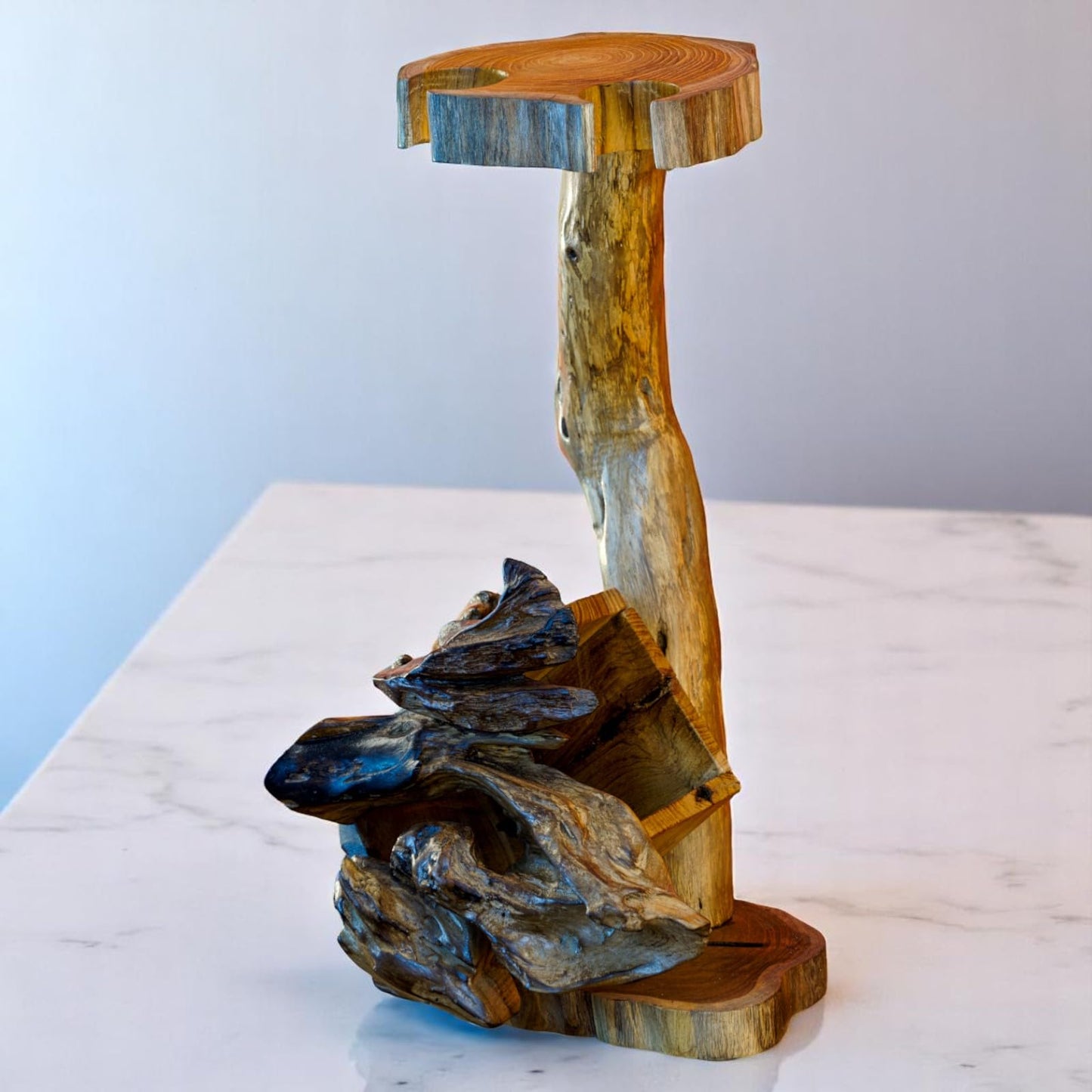 Teak root wood bottle holder - holds bottle and 3 glasses - perfect for presenting or gifting fine liquors and wines (1 bottle / 2 glasses natural)