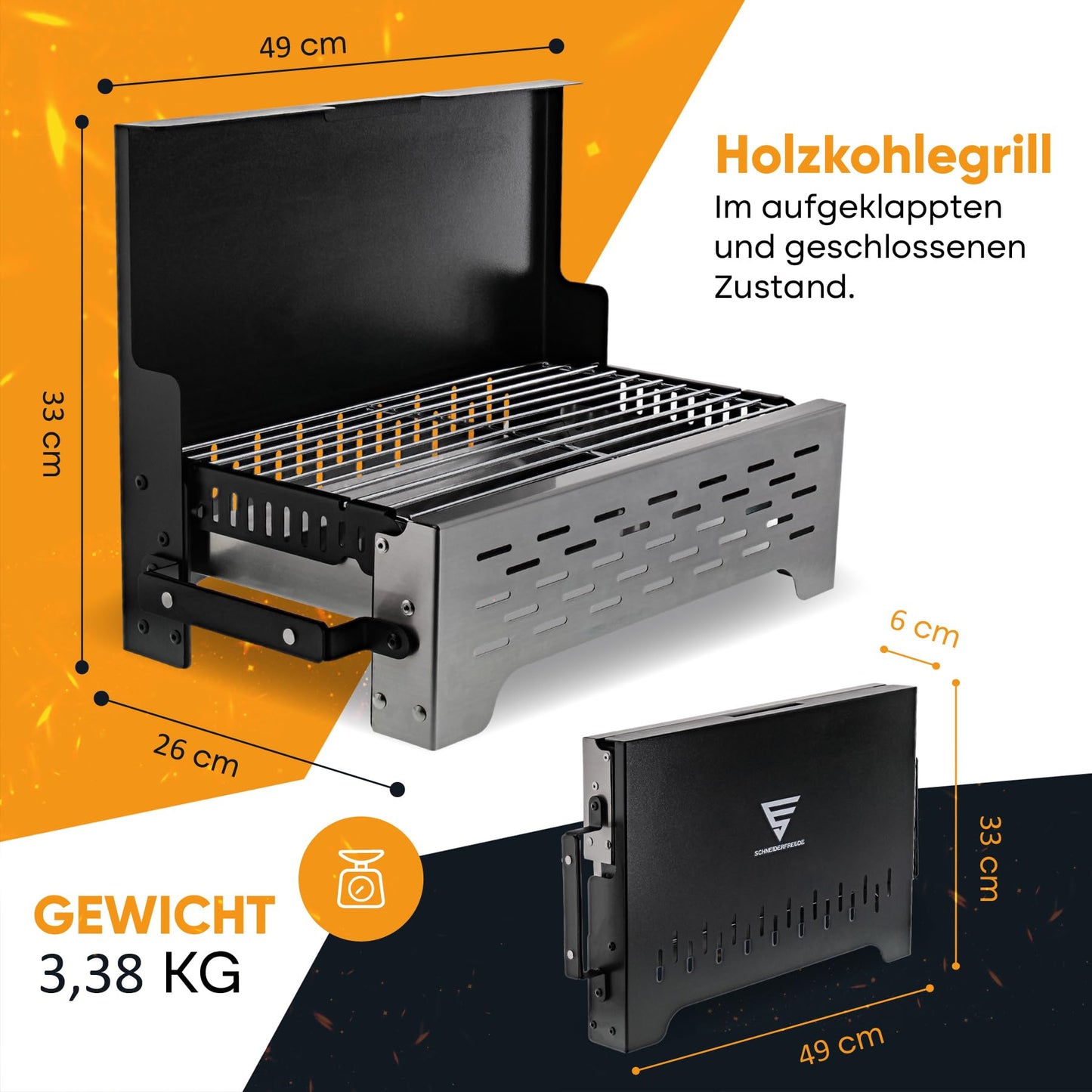 SCHNEIDERFREUDE Premium folding grill with bag: DEKRA-certified camping grill for true grill fans - Designed in Germany for the ultimate outdoor experience.