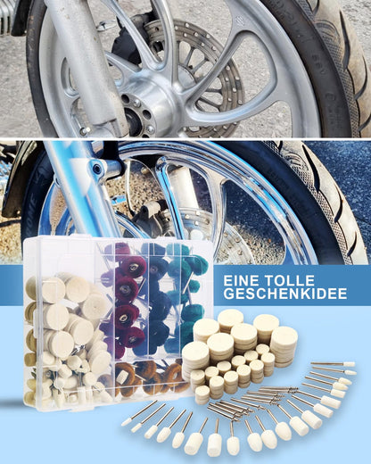 140 PCS Multifunctional Wool Felt Polishing Bits for Dremel, including Dremel grinding attachments, wool felt polishing disc, polishing attachment for power drill, for metal, bicycle, wheel hub, with storage box.