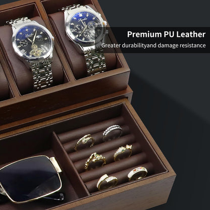 KAMIER Watch Box for Men, Luxurious Watch Case with 6 Compartments, 100% Real Wood Watch Organizer with Drawer, Jewelry Box for Men with Storage Box, Father's Day Gift, with Gift Box