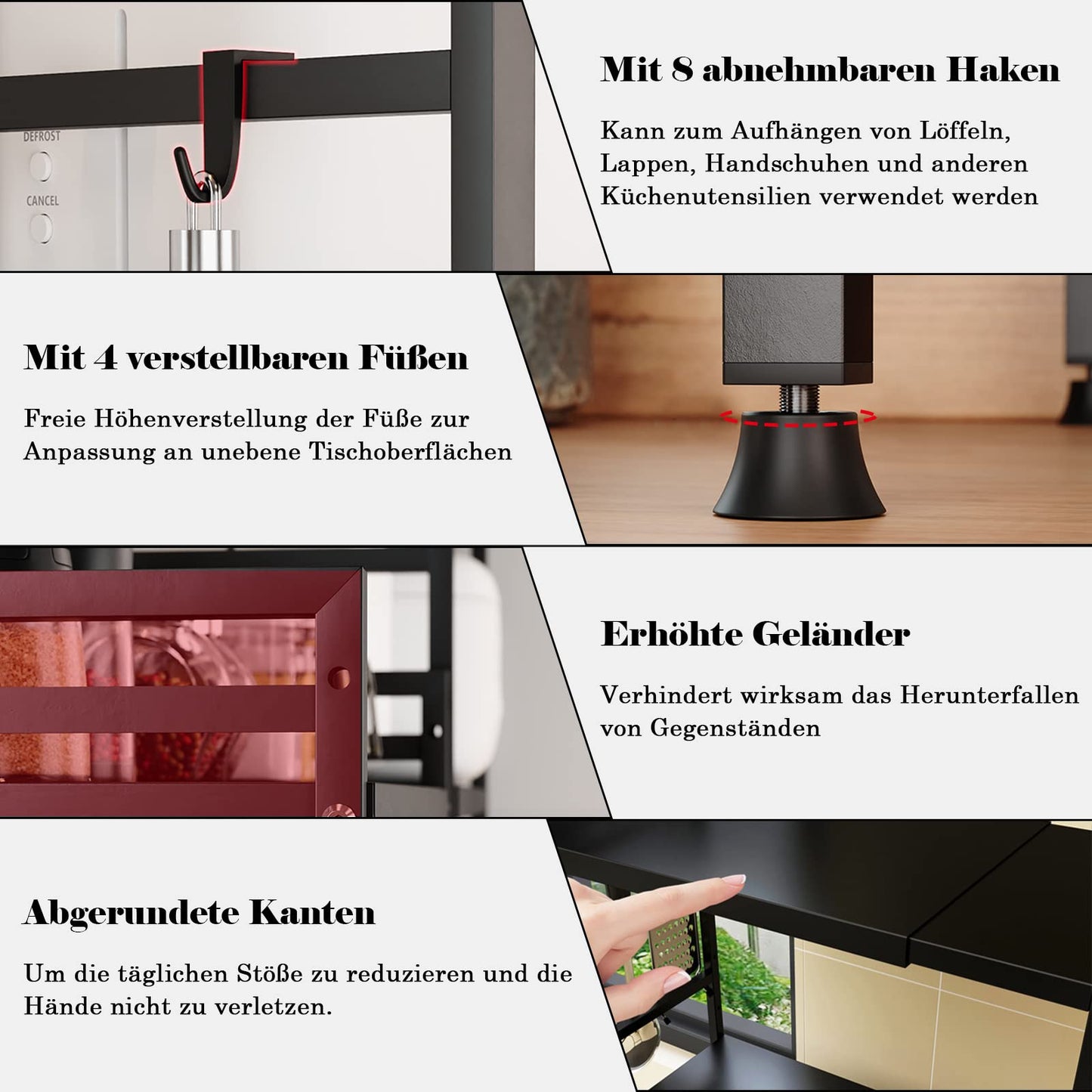 Expandable microwave shelf with 8 hooks, 3-tier microwave stand rack microwave holder baker shelf organizer for kitchen countertops, Black