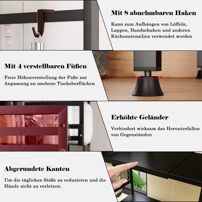 Expandable microwave shelf with 8 hooks, 3-tier microwave stand rack microwave holder baker shelf organizer for kitchen countertops, Black
