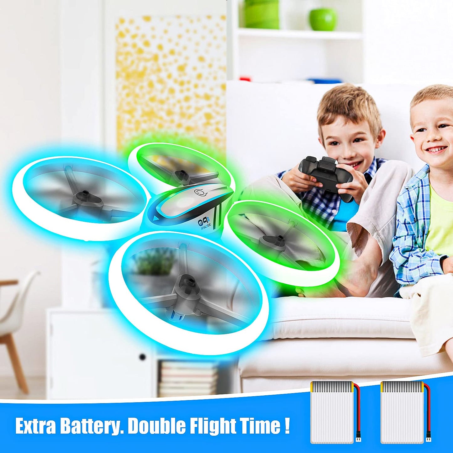 AVIALOGIC Q9s Drone for kids with altitude hold and headless mode, RC Quadcopter with blue & green lights and 2 batteries, toy drone for children and beginners.